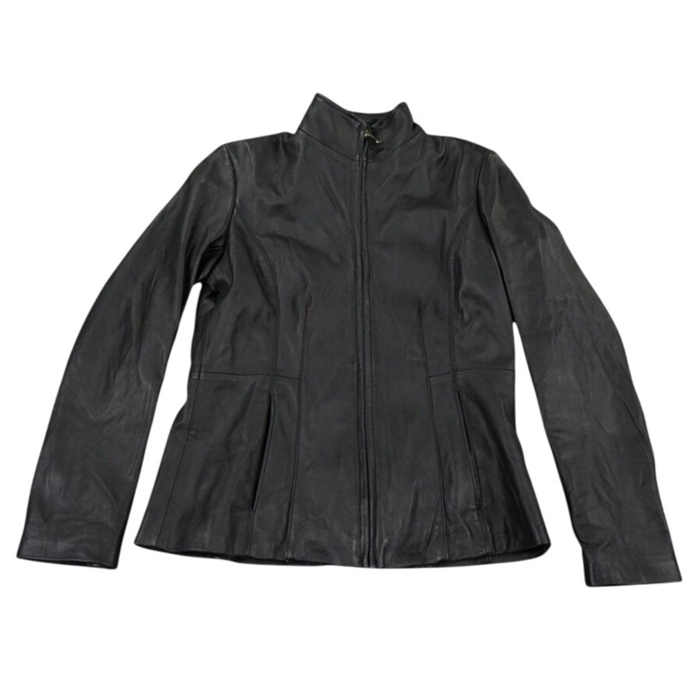 Cole Haan Leather Jacket Women Small Black Lambskin Wing Collar Zip Tailored